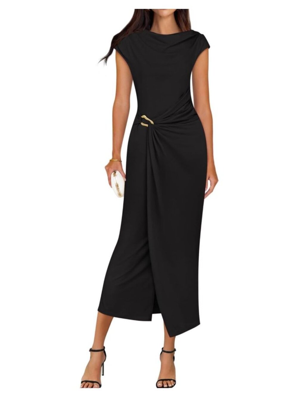 Women's Cap Sleeve Mock Neck Bodycon Midi Dress Semi Formal Wedding Guest
